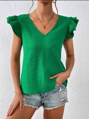 LIKE NEW SHEIN Privé Solid Ruffle Trim V Neck Butterfly Sleeve Blouse - Sz L